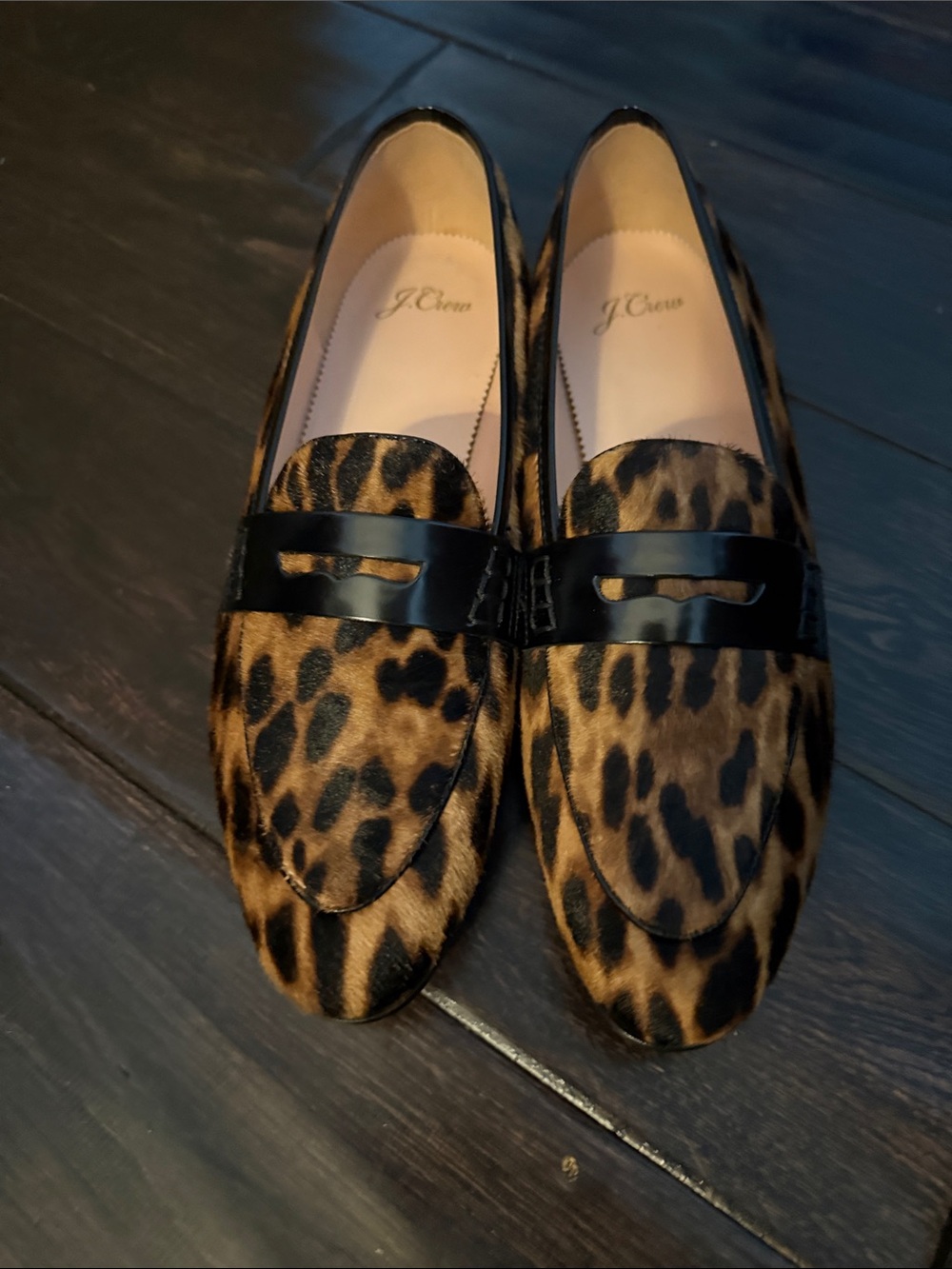 J. Crew Leopard Print Calf Hair Loafers in Brown and Black, New Sz. 9